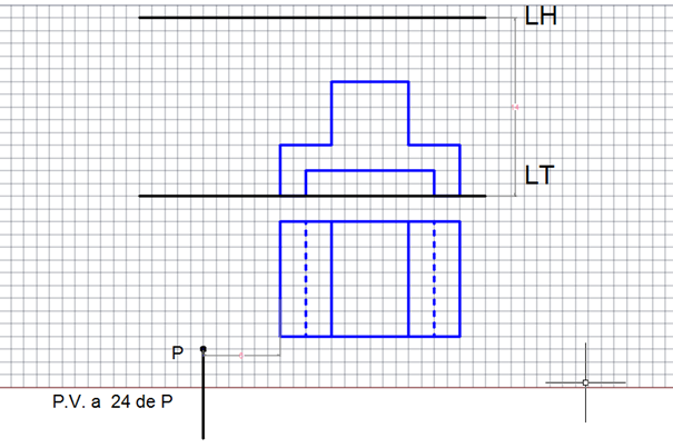 En AutoCAD. Dada las vistas DIEDRICAS con proyección en 	PRIMER ANGULO – DIN y la posición del plano de cuadro y del punto V realizar la perspectiva de esta pieza en el SISTEMA CONICO FRONTAL teniendo